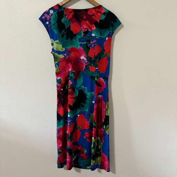 Lauren Ralph Lauren Multicolor Floral Ruched Faux Wrap Sleeveless Midi Dress-16 - Picture 2 of 8